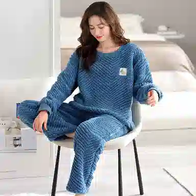 莫代尔 保暖储温轻柔舒适亲肤可外穿长袖长裤睡衣套装 女款 藏青色