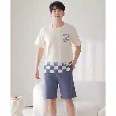 莫代尔 薄款韩版卡通小熊时尚亲肤透气短袖五分裤家居服可外穿睡衣套装 男款 杏色
