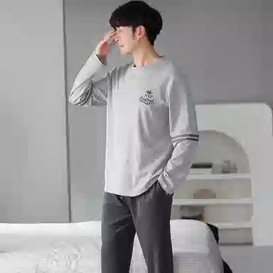 莫代尔 纯色简约亲肤休闲套头圆领长袖长裤可外穿睡衣套装 男款 浅花灰