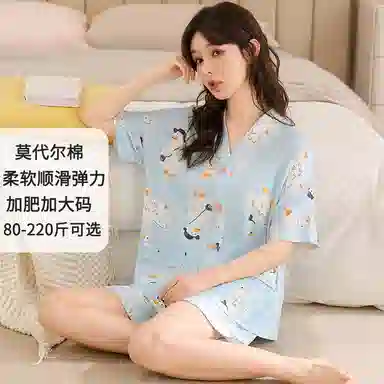 莫代尔 亲肤休闲细腻轻薄时尚舒适开衫甜美短袖居家服睡衣套装 女款 天蓝色