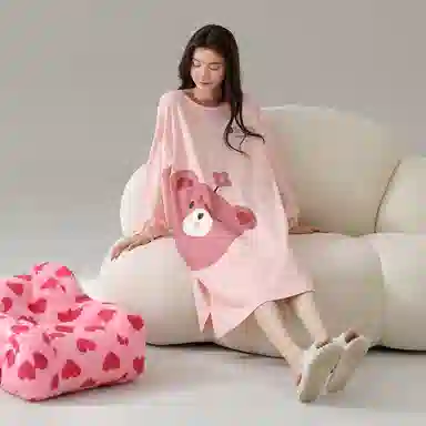 莫代尔 轻盈耐磨微弹吸湿排汗透气柔软细腻舒适亲肤可居家休闲可外穿长袖睡裙套装 女款 粉色