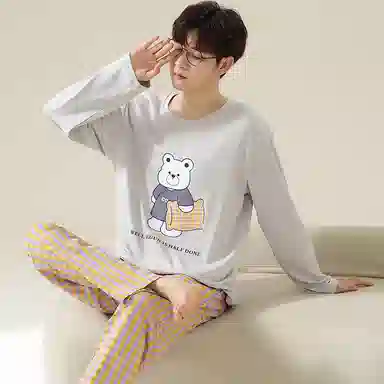莫代尔 纯色时尚卡通印花舒适亲肤透气圆领套头长袖双口袋格子长裤可外穿男士睡衣套装 男款 浅灰色