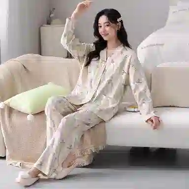 莫代尔 小清新透气亲肤开衫长袖长裤居家服可外穿睡衣套装 女款 杏色