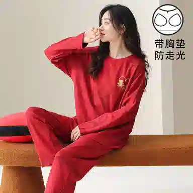 莫代尔 中国风喜庆时尚柔软舒适微弹透气亲肤耐磨带胸垫长袖不易起球长裤不勒腹可居家休闲可外穿睡衣套装 女款 红色