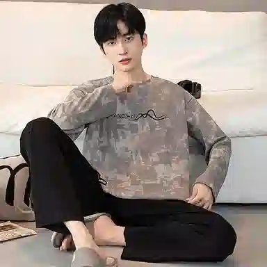 莫代尔 韩版时尚亲肤柔软透气舒适休闲居家可外穿圆领长袖长裤睡衣套装 男款 灰色