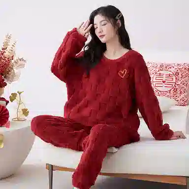 莫代尔 保暖亲肤舒适透气细腻圆领气质时尚家居服长袖长裤可外穿睡衣套装 男女同款 红色