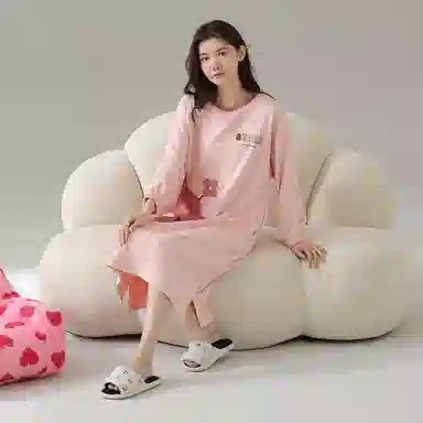 莫代尔 轻盈耐磨微弹吸湿排汗透气柔软细腻舒适亲肤可居家休闲可外穿长袖睡裙套装 女款 粉色