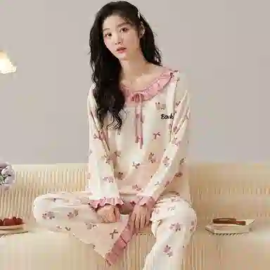 莫代尔 柔软显瘦轻盈简约亲肤韩版长袖长裤可外穿家居服睡衣套装 女款 杏色