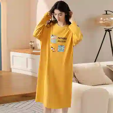 莫代尔 亲肤舒适纯色印花满印长袖居家休闲可外穿睡裙 女款 向日葵色