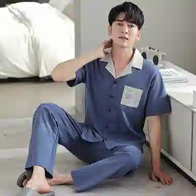 莫代尔 柔软舒适透气亲肤微弹耐磨吸汗开衫短袖松紧裤腰不勒腹长裤可居家休闲可外穿睡衣套装 男款 灰蓝色