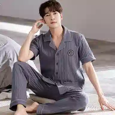 莫代尔 韩版耐磨耐穿舒适翻领开衫简约休闲时尚气质百搭宽松无束缚短袖长裤两件套家居服可外穿睡衣套装 男款