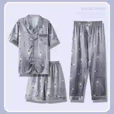 莫代尔 舒适时尚气质百搭翻领开衫轻盈透气耐磨耐穿个性短袖短裤长裤三件套可外穿居家服睡衣套装 男款