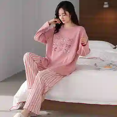 莫代尔 韩版细腻柔软温柔亲肤舒适透气一体式自带胸垫不跑杯套头长袖休闲宿舍可外穿长裤睡衣套装 女款 粉红色