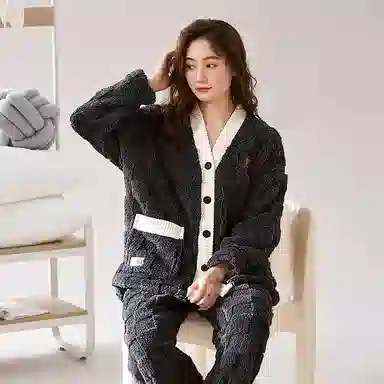 莫代尔 加厚舒软保暖亲肤开衫长袖长裤不勒腹可居家休闲可外穿睡衣套装 女款 黑色