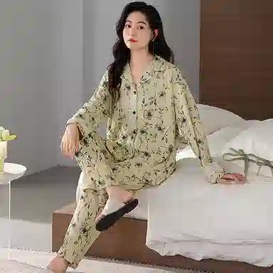 莫代尔 亲肤透气柔软舒适开衫长袖长裤睡衣套装 女款 抹茶色