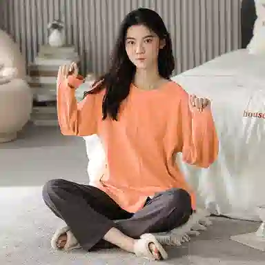 莫代尔 亲肤舒适套头圆领长袖长裤家居服可外穿睡衣套装 女款 桔红色