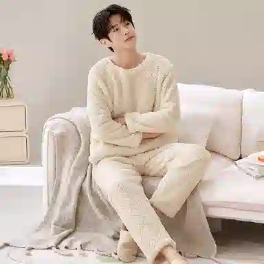 莫代尔 时尚套头圆领长袖长裤保暖亲肤舒适家居服可外穿睡衣套装 男女同款 杏色