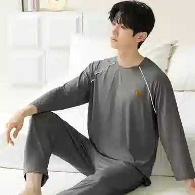 莫代尔 休闲居家韩系纯色舒适时尚透气亲肤套头圆领长袖上衣双口袋松紧带长裤可外穿男士睡衣套装 男款 灰色