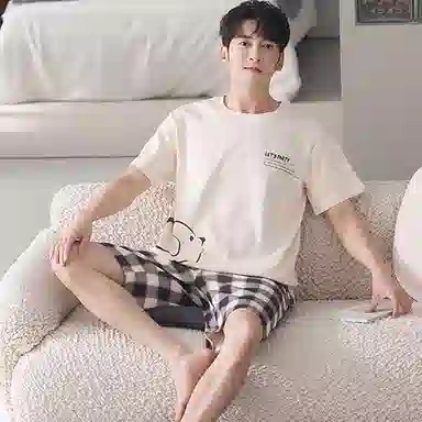 莫代尔 薄款舒适亲肤韩版卡通时尚经典短袖五分裤家居服可外穿睡衣套装 男款 杏色