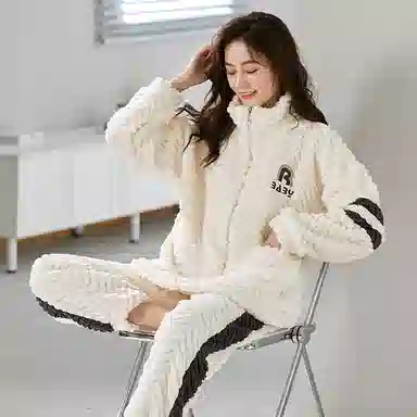 莫代尔 加厚柔软亲肤舒适保暖长袖长裤不勒腹可居家休闲可外穿睡衣套装 女款 杏色