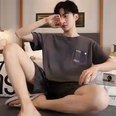 莫代尔 简洁轻薄圆领舒适柔软亲肤透气细腻无束缚短袖可外穿家居服睡衣套装 男款 深灰色