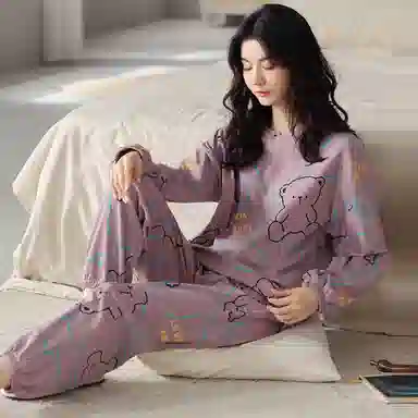 莫代尔 圆领简约舒适字母长袖上衣松紧腰长裤睡衣套装 女款 灰紫色