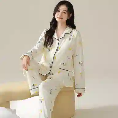 莫代尔 简约舒适柔软透气吸湿排汗亲肤开衫长袖长裤家居服可外穿睡衣套装 女款 白色