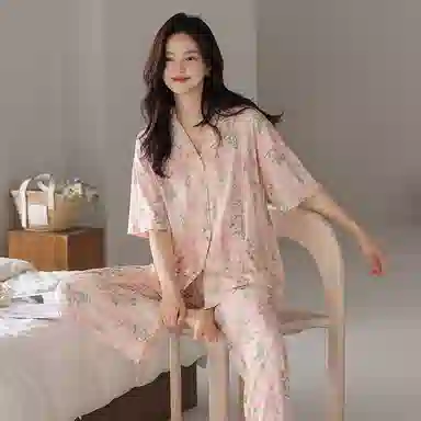 莫代尔 韩版时尚翻领开衫气质百搭轻盈透气舒适柔软细腻短袖长裤家居服可外穿睡衣套装 女款