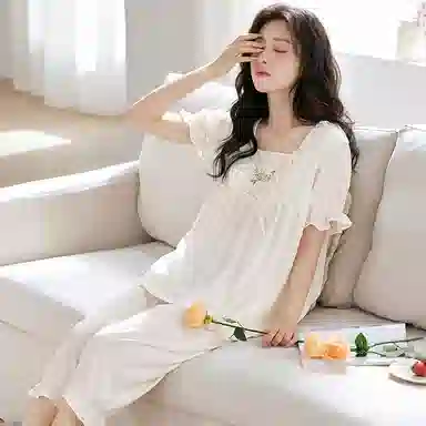 莫代尔 软绵绵系列 可外穿柔软显瘦简约清新休闲睡衣套装 女款 白色