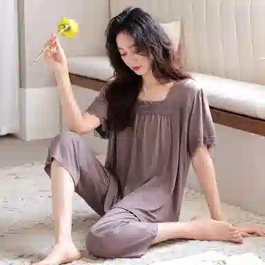 莫代尔 舒适细腻柔软亲肤大方气质优雅短袖长裤家居服可外穿睡衣套装 女款 玫瑰棕色