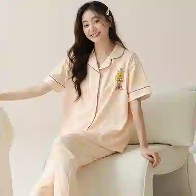 莫代尔 简约韩版舒适亲肤柔软轻盈透气微弹短袖长裤时尚家居产前产后月子服可外穿睡衣套装 女款 橙色