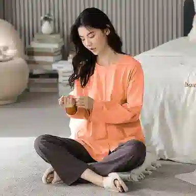 莫代尔 亲肤舒适套头圆领长袖长裤家居服可外穿睡衣套装 女款 桔红色