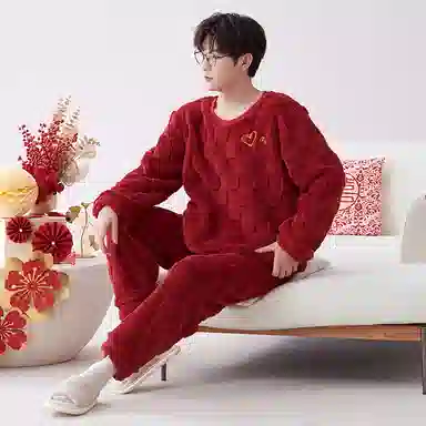 莫代尔 保暖亲肤舒适透气细腻圆领气质时尚家居服长袖长裤可外穿睡衣套装 男女同款 红色