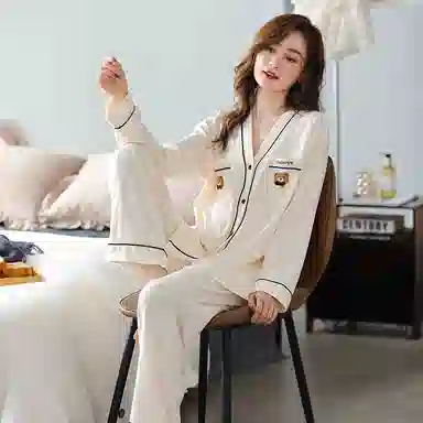 莫代尔 纯棉细腻纽扣不伤手舒适亲肤柔软透气微弹开衫长袖松紧裤腰不勒腹长裤居家休闲可外穿睡衣套装 女款 杏色