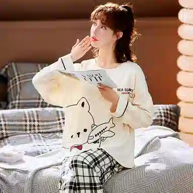 莫代尔 舒适柔软透气小熊印花亲肤长袖弹力裤腰不勒腹长裤可居家休闲外穿睡衣套装 女款 杏色