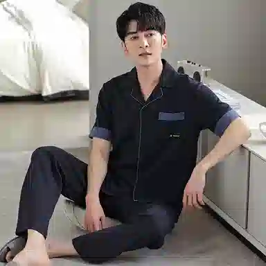 莫代尔 柔软舒适透气亲肤耐磨微弹吸汗开衫翻领短袖松紧裤腰不勒腹长裤可居家休闲可外穿睡衣套装 男款 黑色