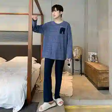 莫代尔 细腻耐磨舒适柔软亲肤透气微弹长袖松紧裤腰不勒腹长裤可居家休闲可外穿睡衣套装 男款 蓝色