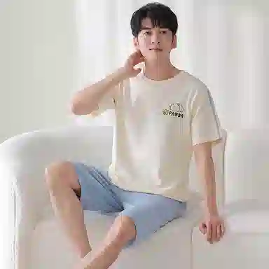 莫代尔 简约时尚卡通小熊舒适透气短袖休闲可外穿五分裤睡衣套装 男款 杏色