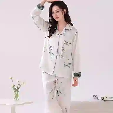 莫代尔 时尚舒适柔软亲肤长袖长裤翻领韩版甜美轻盈时尚家居服可外穿耐磨睡衣套装 女款 白色