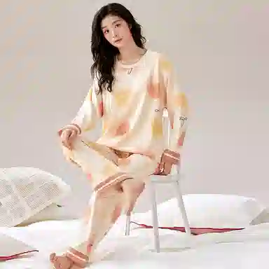 莫代尔 舒适柔软高透气亲肤长袖弹力裤腰不勒腹长裤可居家休闲外穿睡衣套装 女款 杏色