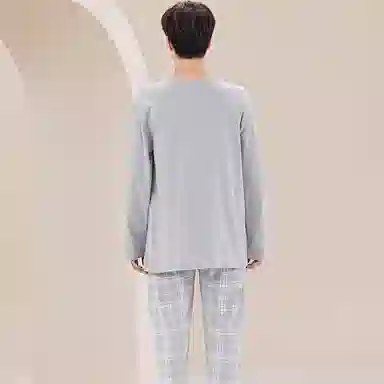 莫代尔 舒适透气纯棉柔软亲肤细腻宽松微弹耐磨吸湿排汗开衫长袖松紧裤腰可居家休闲可外穿长裤睡衣套装 男款 银色