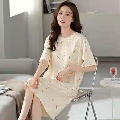 莫代尔 舒适柔软细腻微弹透气耐磨亲肤可居家休闲可外穿短袖睡裙 女款 杏色