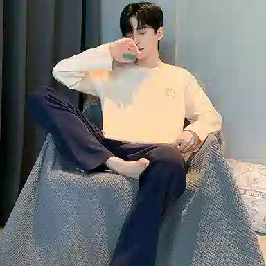 莫代尔 舒适亲肤时尚圆领套头长袖长裤可外穿素色睡衣套装 男款 杏色