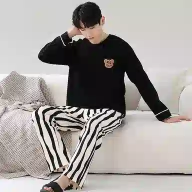 莫代尔 纯色小熊印花时尚宽松纯棉舒适亲肤套头长袖松紧带长裤居家休闲可外穿睡衣套装 男款 黑色