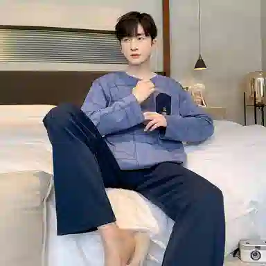 莫代尔 细腻耐磨舒适柔软亲肤透气微弹长袖松紧裤腰不勒腹长裤可居家休闲可外穿睡衣套装 男款 蓝色