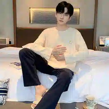 莫代尔 舒适亲肤时尚圆领套头长袖长裤可外穿素色睡衣套装 男款 杏色