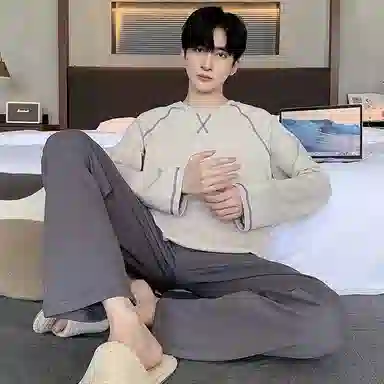 莫代尔 亲肤舒适长袖长裤套头圆领可外穿简约时尚素色睡衣套装 男款 卡其色