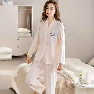 莫代尔 简约柔软韩版甜美时尚柔软长袖可外穿舒适不易起球长裤睡衣套装 女款 杏色