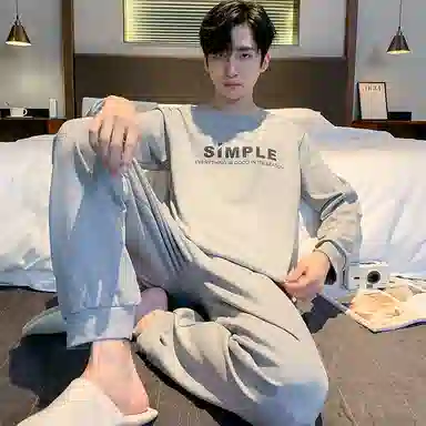 莫代尔 舒适亲肤柔软透气长袖长裤可居家休闲可外穿睡衣套装 男款 银色