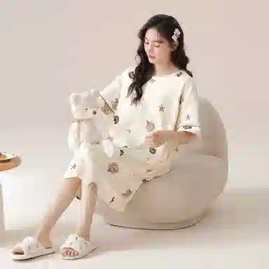 莫代尔 简约柔软舒适细腻透气耐磨微弹带胸垫防凸点亲肤休闲可外穿短袖睡裙 女款 杏色